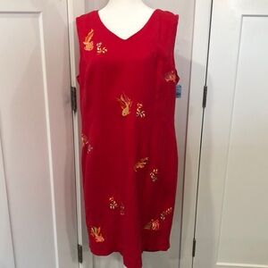 Vintage Annie Alexander Linen Blend. Size XL Sleeveless embroidered red dress.